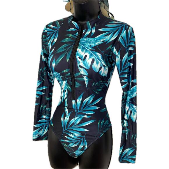 New Small Tropical Leaf Print Long Sleeve Padded‎ Swim Wetsuit Floral Zip Scuba - Picture 2 of 3